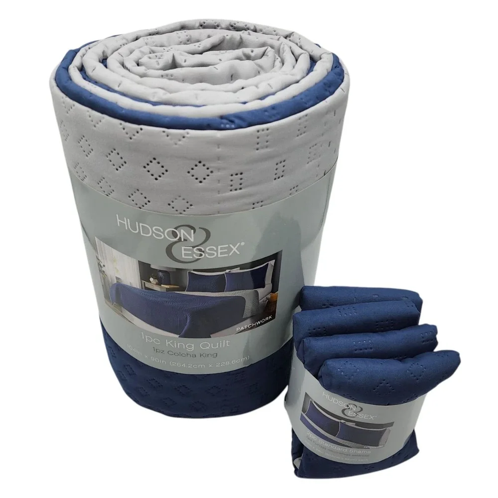 Hudson Essex 3pc Navy Gray Reversible One King Size Quilt And 2 Standard Shams